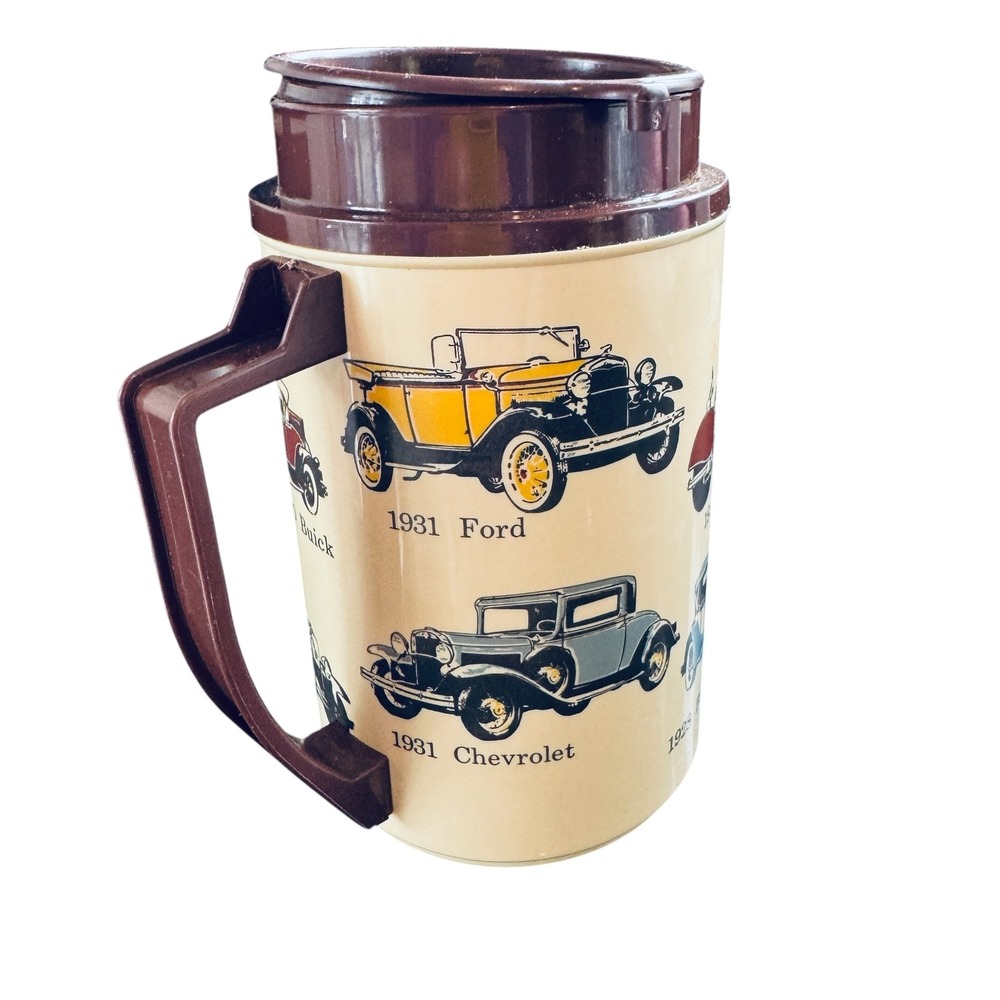 Vintage Whirley Industries 22oz Thermo Travel Mug Classic Antique Cars Design